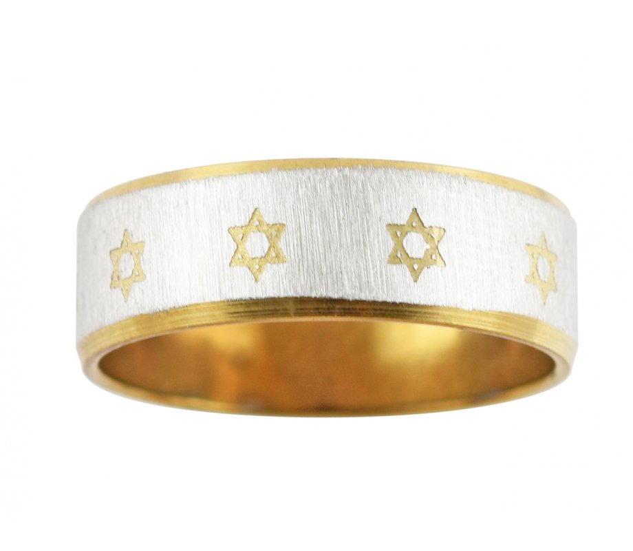 Stainless Steel Two Tone Ring with Small Gold Stars of David and Gold Rims