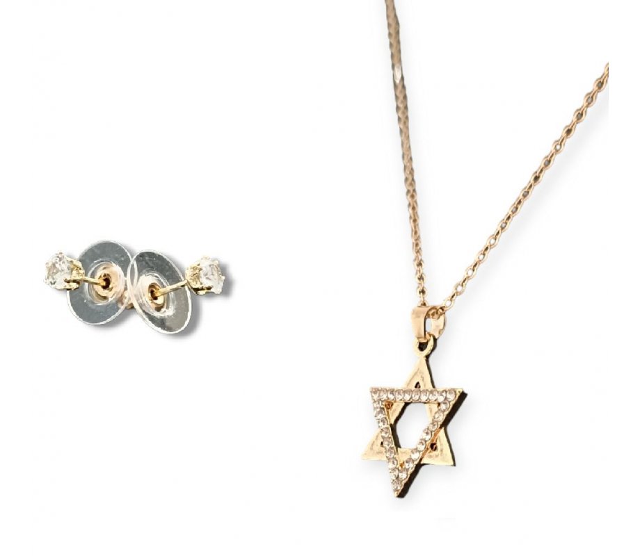 Star of David Pendant Necklace with Stud Earrings, Rhodium – Silver or Gold