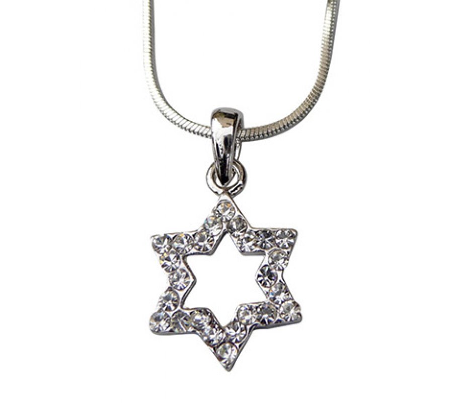 Star of David with white stones Rhodium Necklace