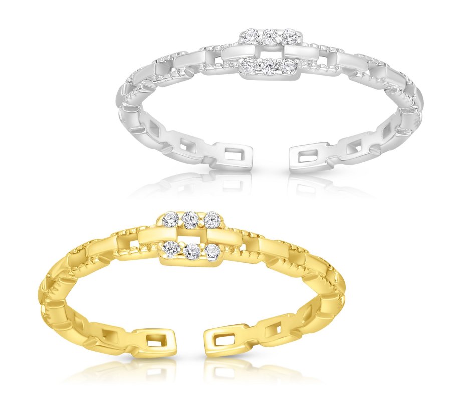 Sterling Silver Adjustable Ring with Zircons, Links Motif - Gold or Silver Choice