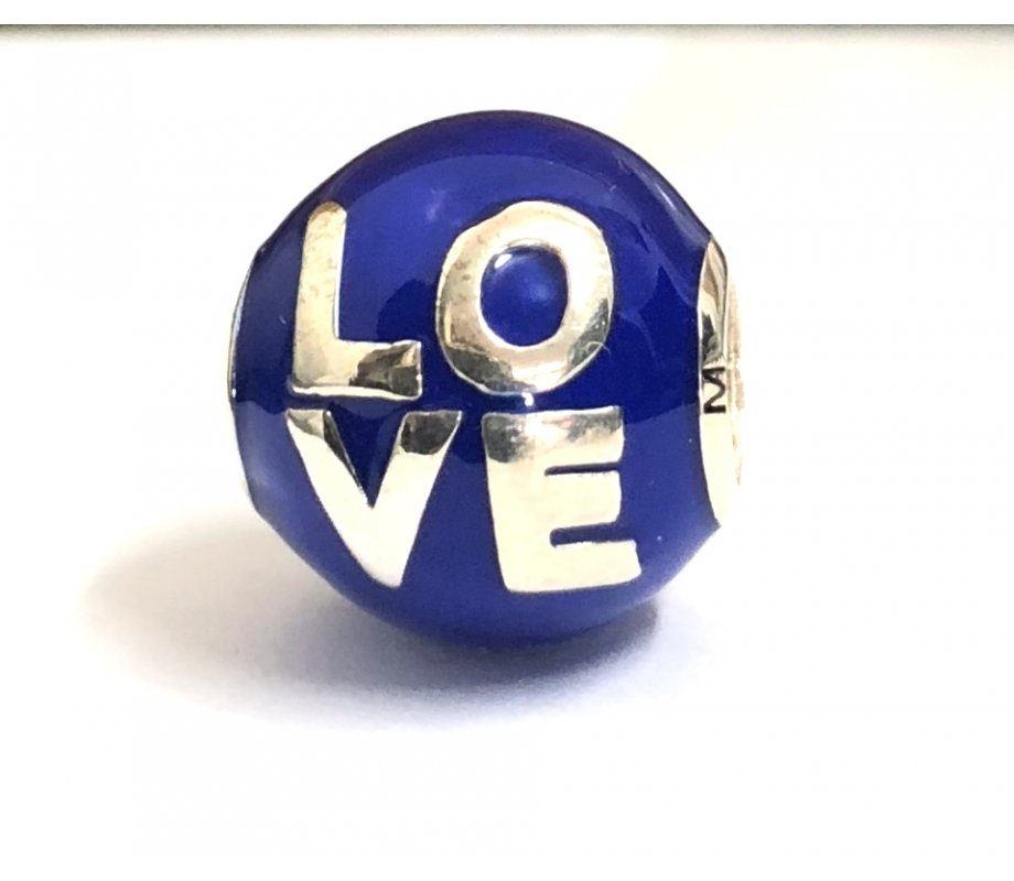 Sterling Silver Bracelet Charm - Blue Enamel with Word Love in English