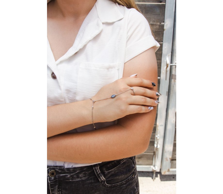 Sterling Silver Bracelet Ring - Evil Eye Decoration with Colorful Zircons