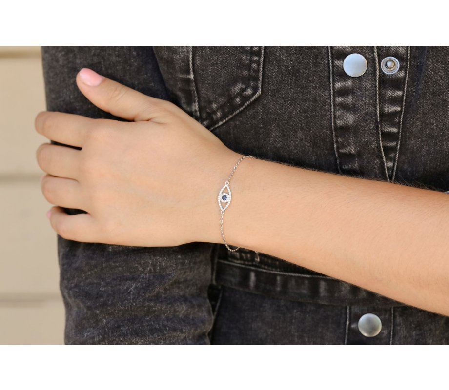 Sterling Silver Bracelet with Blue Evil Eye Protection - Choice of Finish