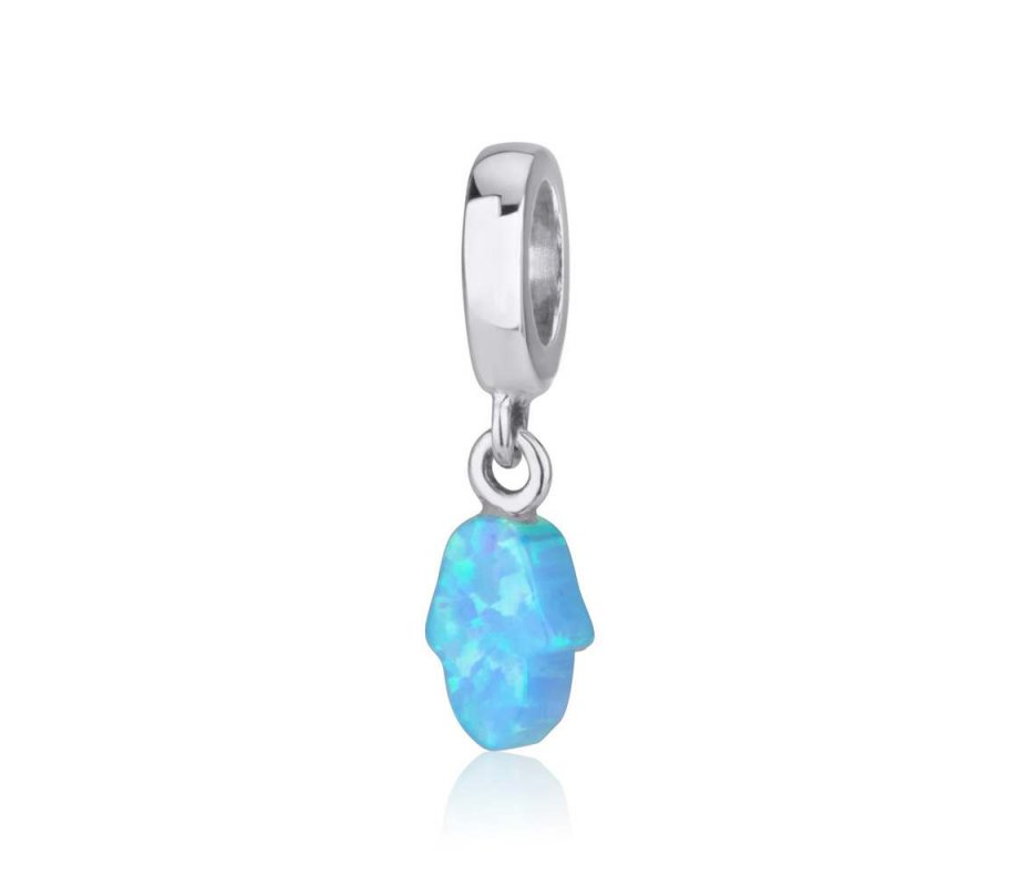 Sterling Silver Charm with Hanging Blue Opal - Hamsa Hand