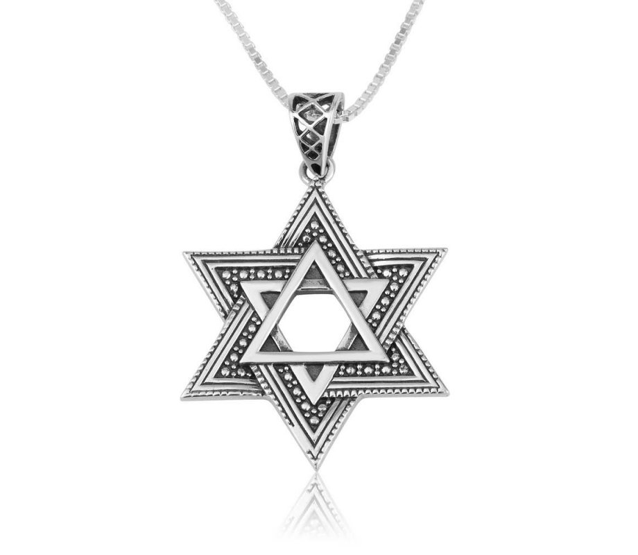 Sterling Silver Double Star of David Pendant Necklace – Beaded and Smooth Design