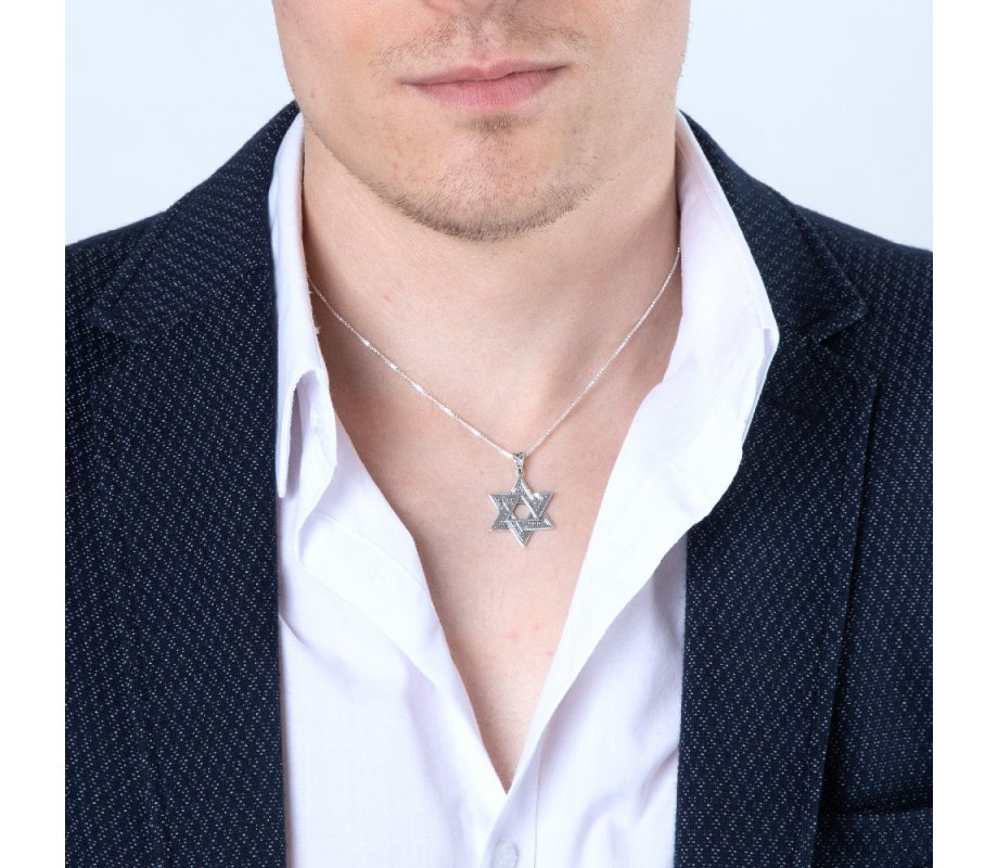 Sterling Silver Double Star of David Pendant Necklace – Beaded and Smooth Design