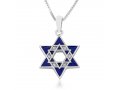 Sterling Silver Double Star of David Pendant Necklace - Blue Enamel and Crystals