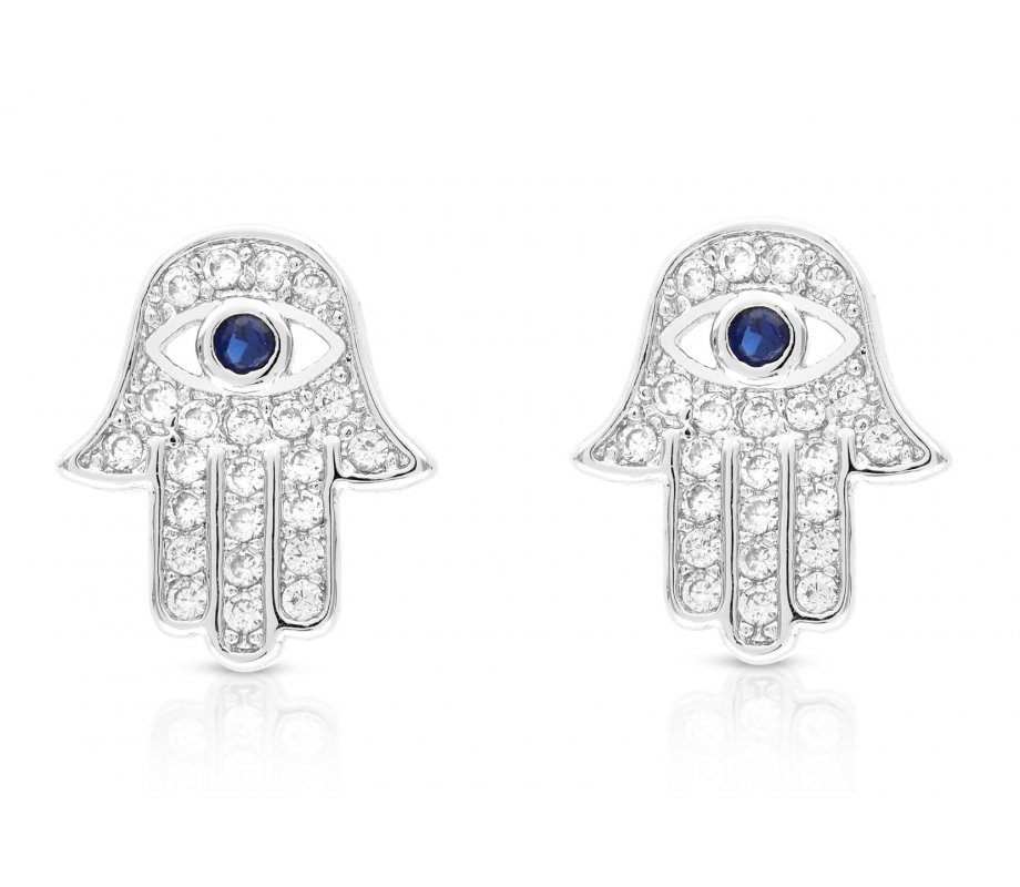 Sterling Silver Hamsa Stud Earrings with Blue and White Zircons - Option Gold