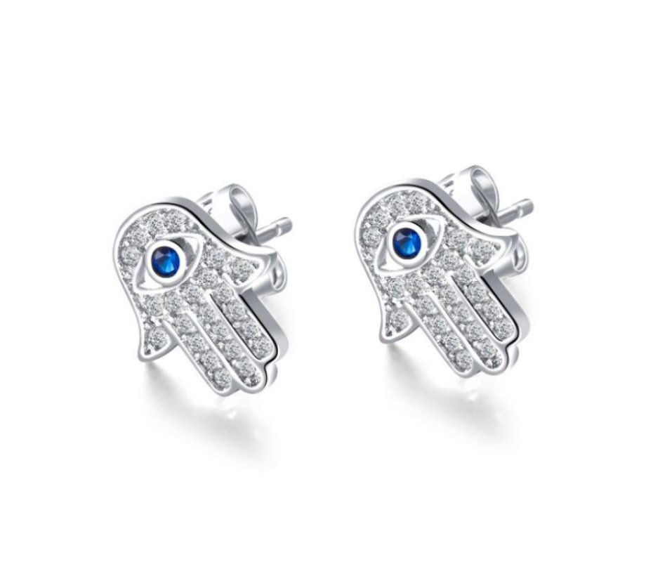 Sterling Silver Hamsa Stud Earrings with Blue and White Zircons - Option Gold