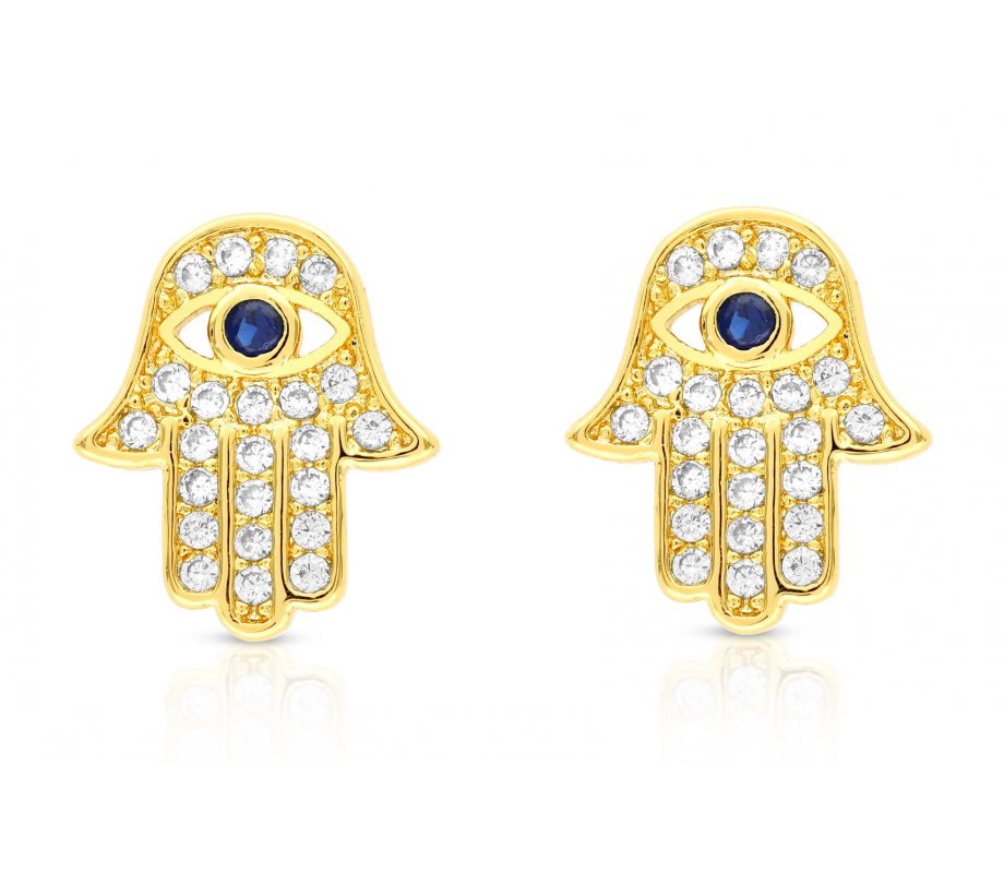Sterling Silver Hamsa Stud Earrings with Blue and White Zircons - Option Gold