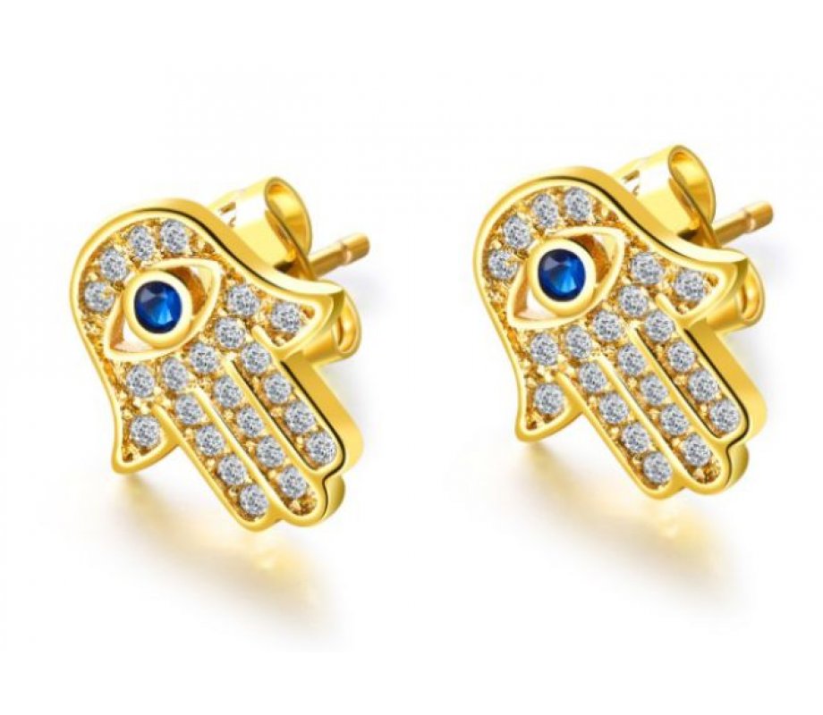 Sterling Silver Hamsa Stud Earrings with Blue and White Zircons - Option Gold