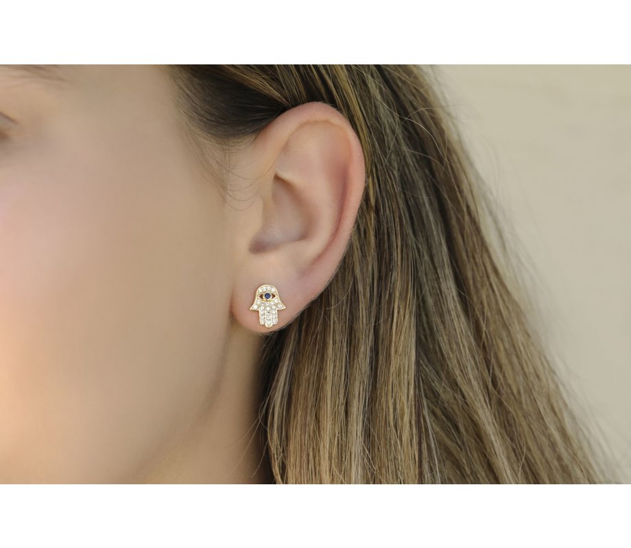 Sterling Silver Hamsa Stud Earrings with Blue and White Zircons - Option Gold