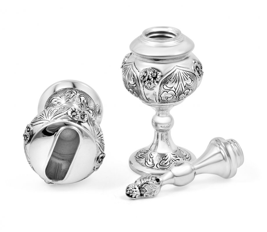 Sterling Silver Havdalah Set Spice Box and Candle Holder - Floral Design