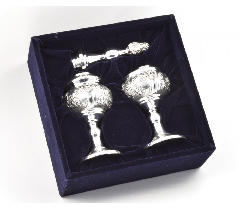 Sterling Silver Havdalah Set Spice Box and Candle Holder - Floral Design