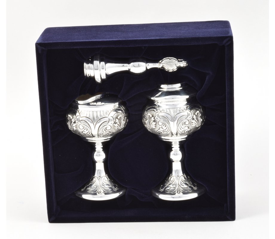 Sterling Silver Havdalah Set with Spice Box and Candle Holder - Swirling Engraving