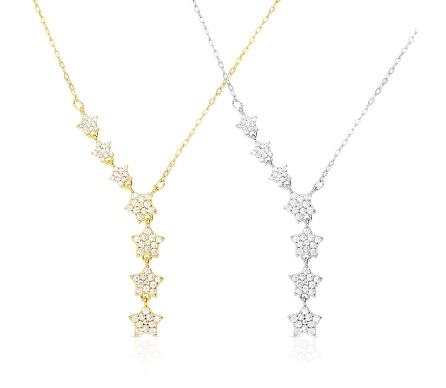 Sterling Silver Lariat Necklace, Zircon Studded Stars – Silver or Yellow Gold