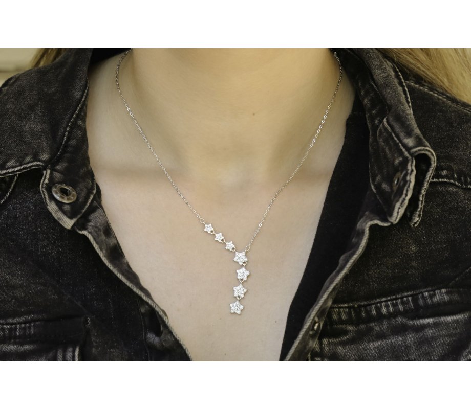 Sterling Silver Lariat Necklace, Zircon Studded Stars – Silver or Yellow Gold