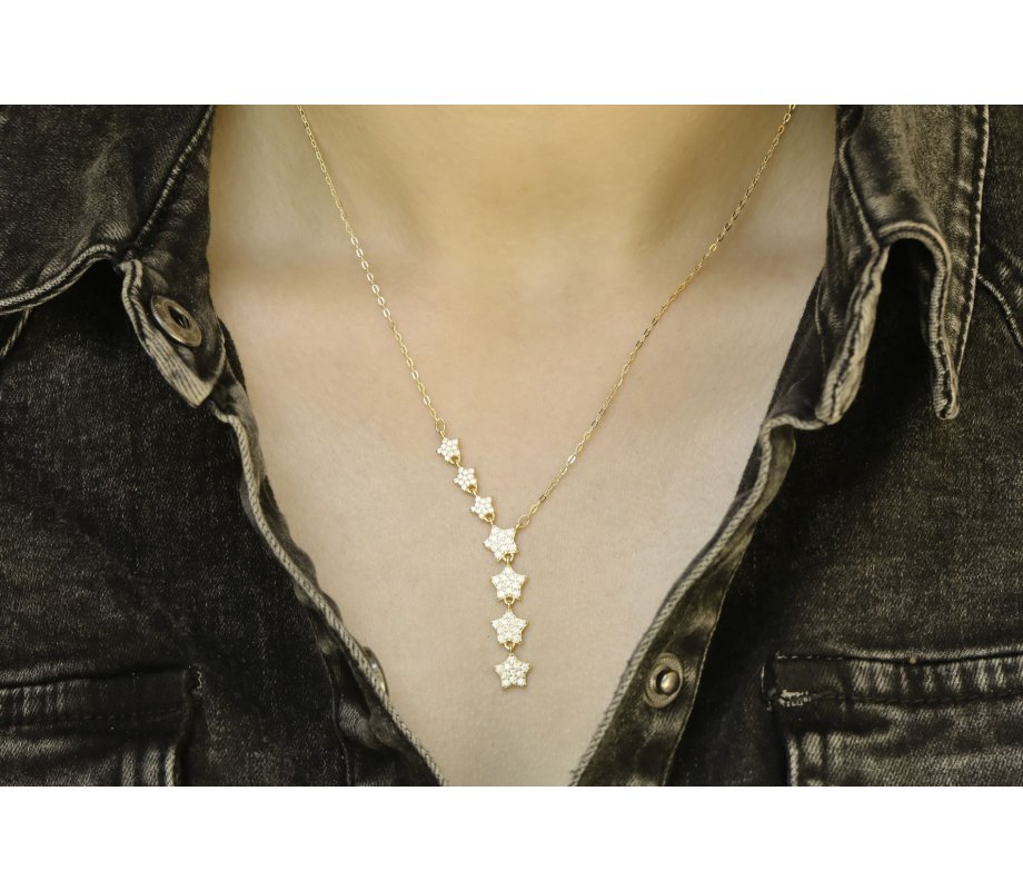 Sterling Silver Lariat Necklace, Zircon Studded Stars – Silver or Yellow Gold