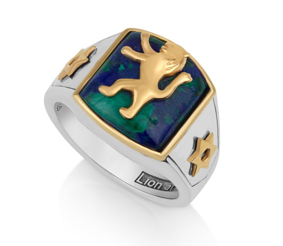 Sterling Silver Mans Ring with Eilat Stone Gold Plated Star of David and Lion