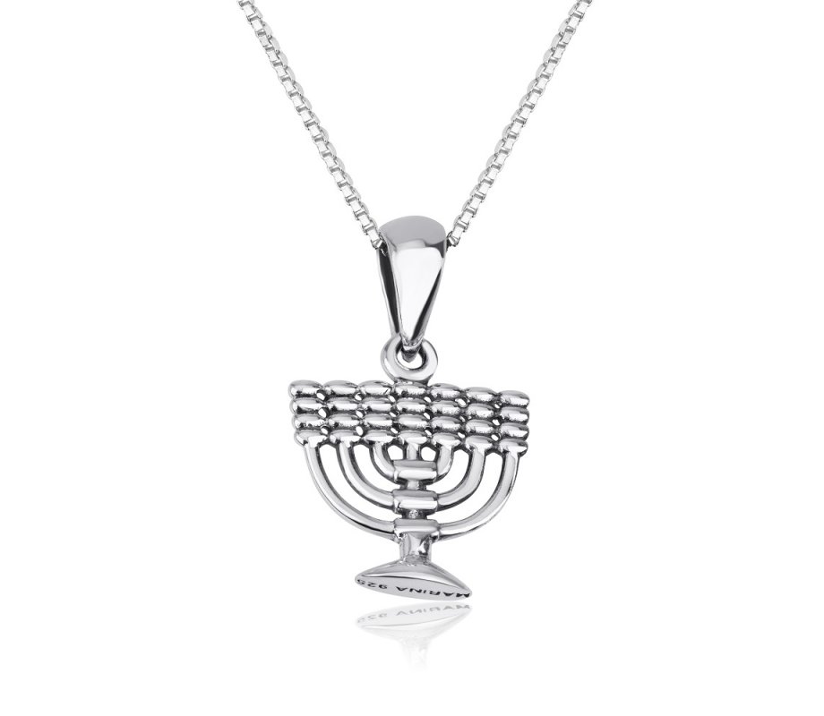 Sterling Silver Necklace with 7-Branch Temple Menorah Image Pendant