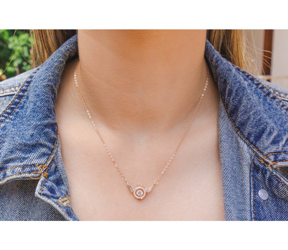 Sterling Silver Necklace with Angels Wings and Zarcons – Silver or Rose Gold