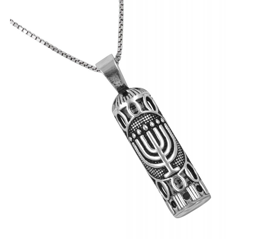 Sterling Silver Necklace with Mezuzah Pendant - Menorah Design