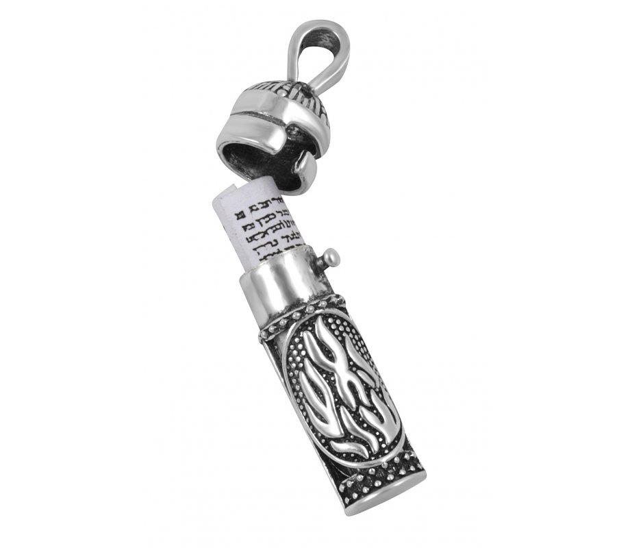 Sterling Silver Necklace with Mezuzah and Scroll Pendant HaEsh Sheli - My Fire & Hamsa