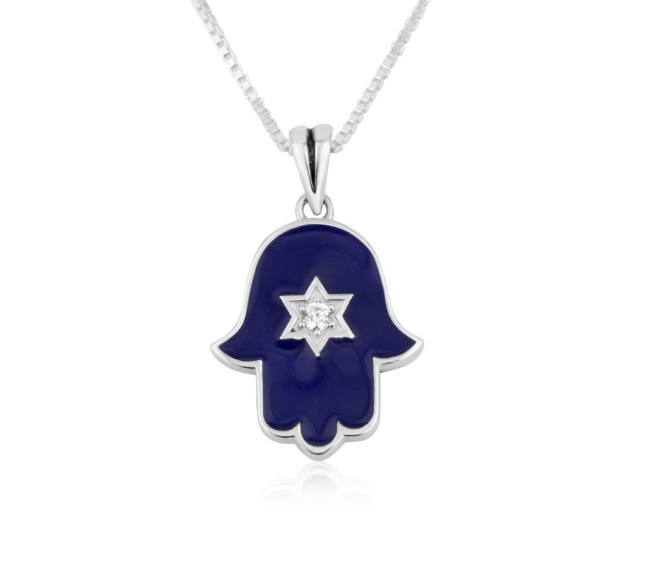 Sterling Silver Pendant Necklace - Blue Enamel Hamsa with Star of David Stone