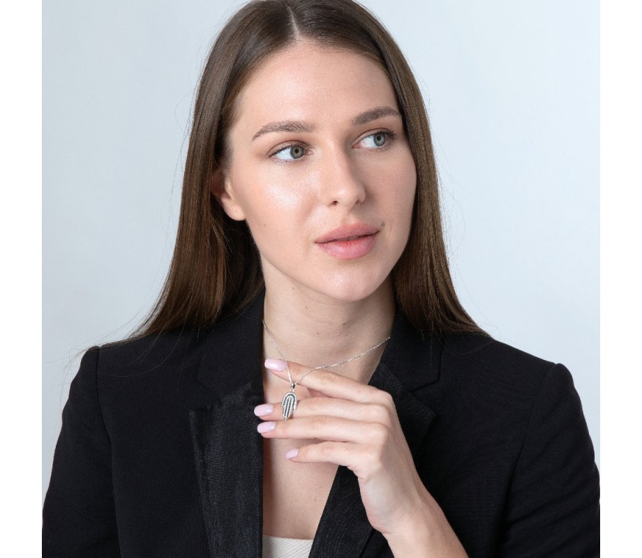 Sterling Silver Pendant Necklace - Contemporary Style Hamsa Hand