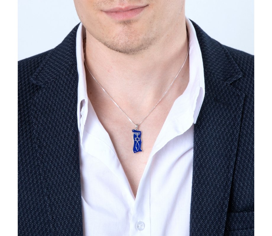 Sterling Silver Pendant Necklace, Blue Enamel - Menorah, Star and Fish Symbol