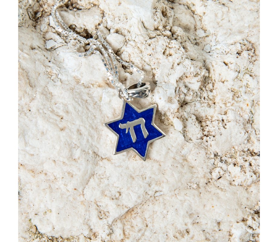 Sterling Silver Pendant Necklace, CHAI Letters on Blue Enamel and on Reverse