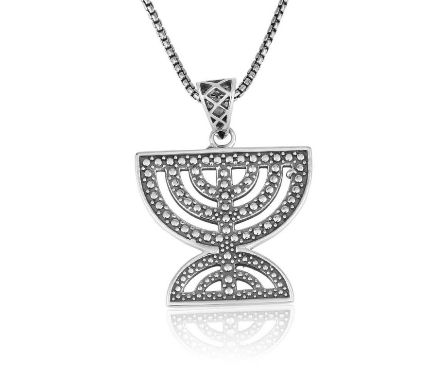 Sterling Silver Pendant Necklace, Double 7-Branch Menorah – Beaded Artwork