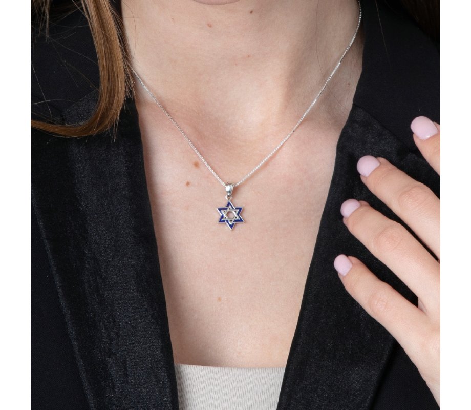 Sterling Silver Pendant Necklace, Double Star of David with Jerusalem Images