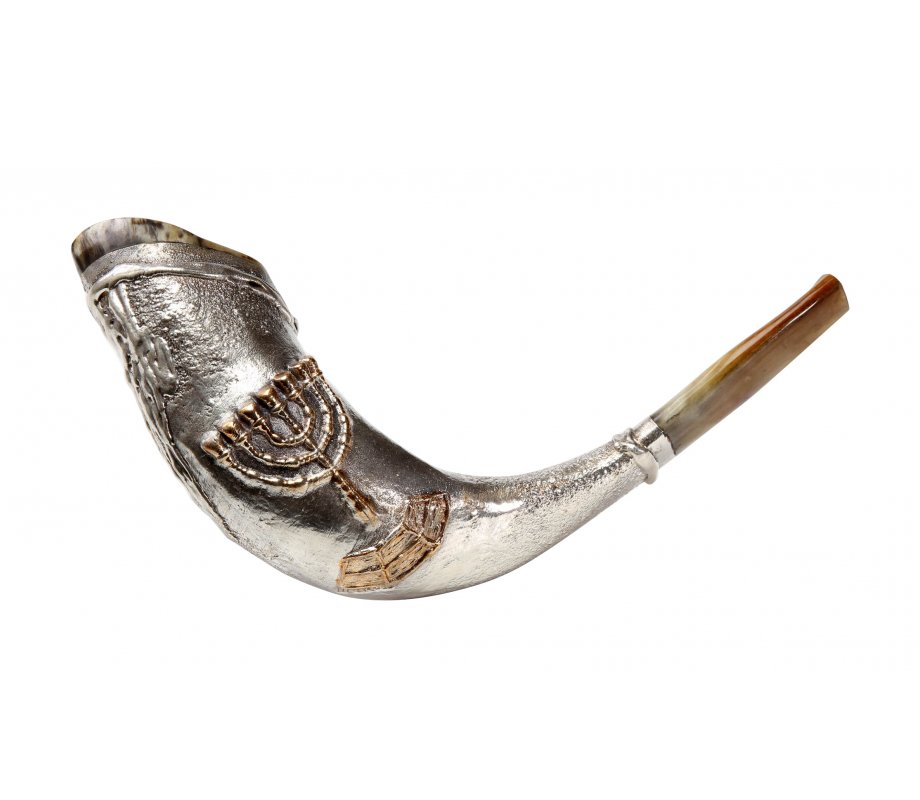 Sterling Silver Ram's Horn Shofar - Seven Branch Menorah Decoration