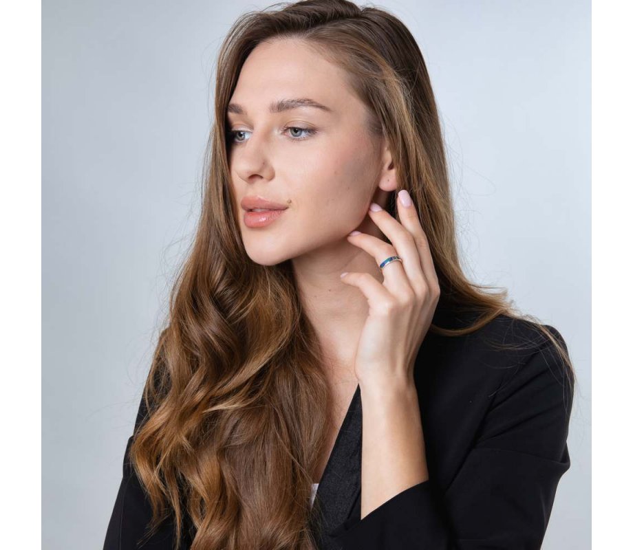 Sterling Silver Ring with Blue-Green Eilat Stone and Band with Diamond Shapes