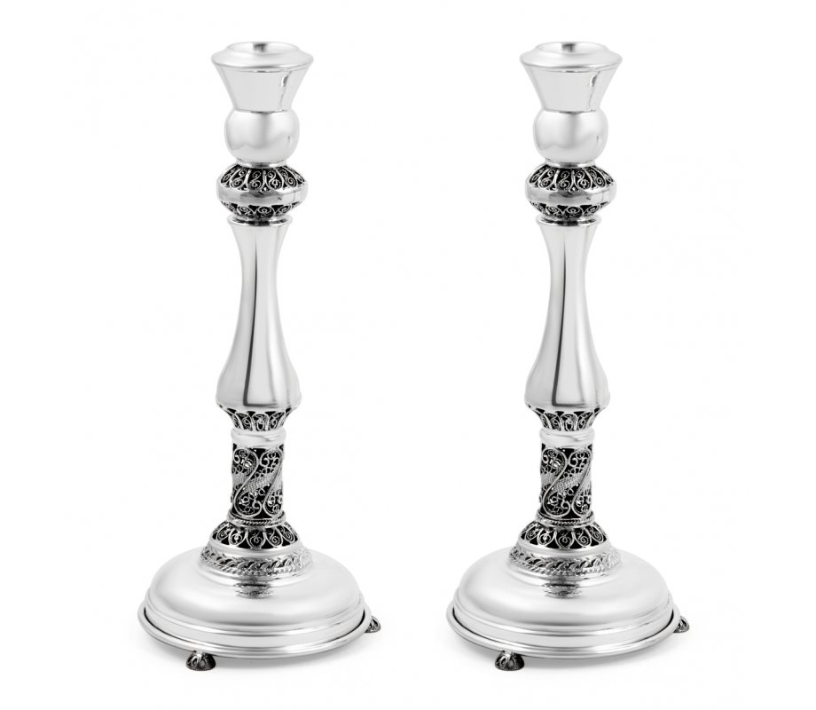 Sterling Silver Shabbat Candlesticks - Filigree Design