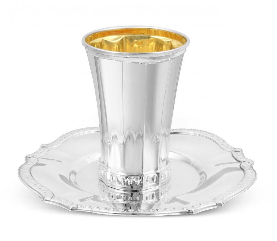 Sterling Silver Shabbat Kiddush Cup with Plate - Panel Design