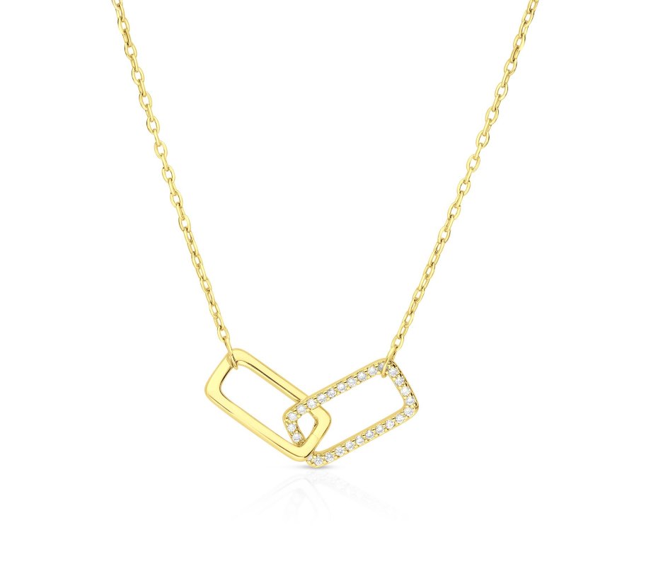 Sterling Silver or Yellow Gold Necklace with Zircon Pendant of Linked Rectangles