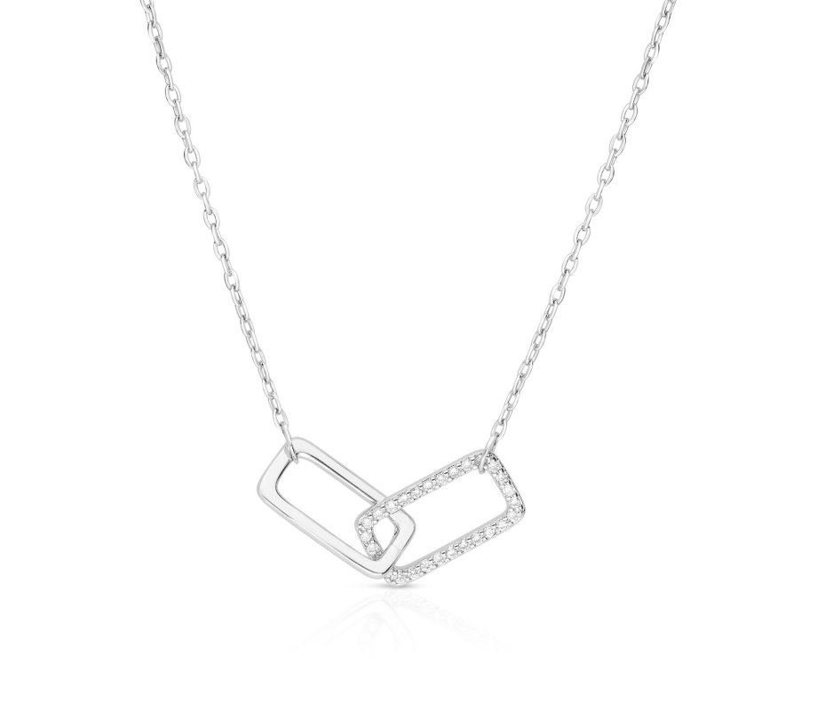 Sterling Silver or Yellow Gold Necklace with Zircon Pendant of Linked Rectangles