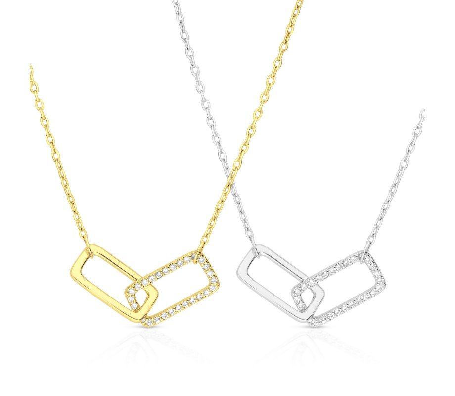 Sterling Silver or Yellow Gold Necklace with Zircon Pendant of Linked Rectangles