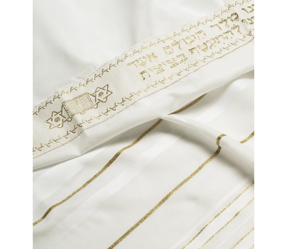 Talitnia Acrylic Tallit Imitation Wool Prayer Shawl - White & Gold Stripes