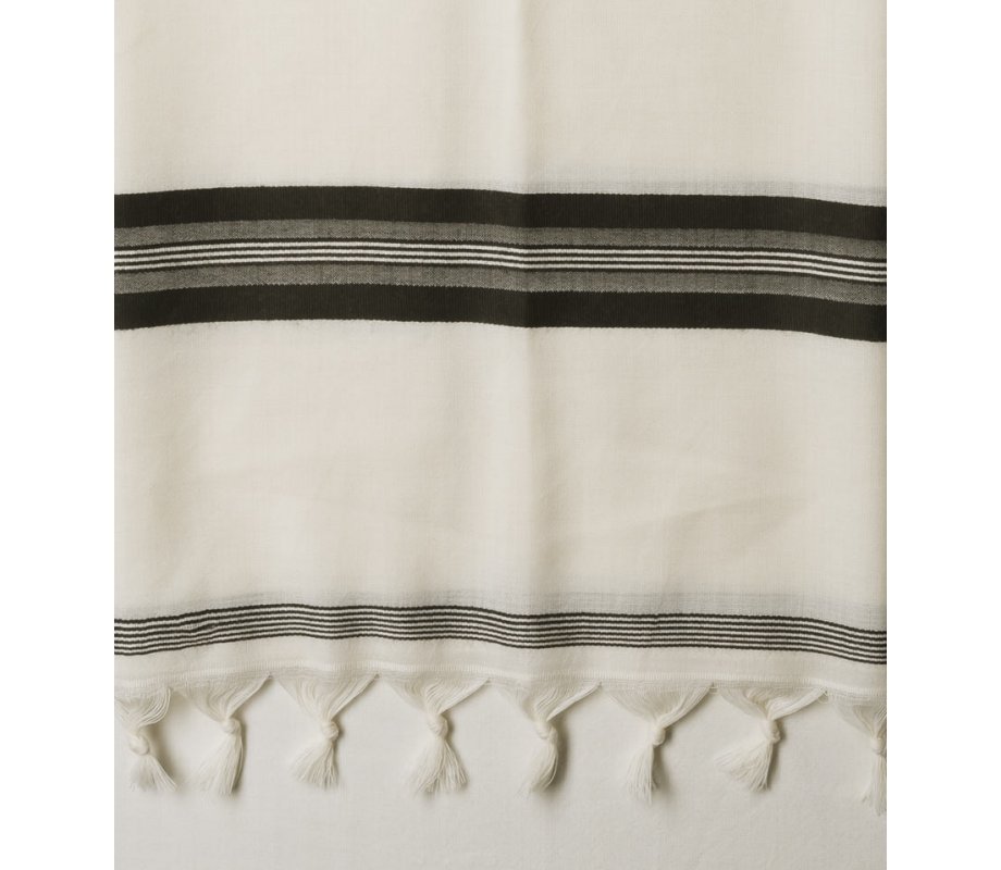 Talitnia White Wool Tallit Katan With Center Fringes - Black Stripes