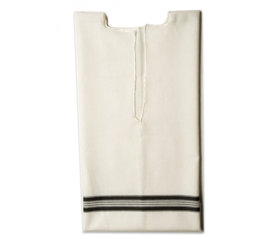Talitnia White Wool Tallit Katan Without Center Fringes - Black Lines