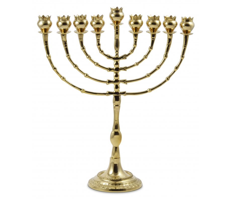 Tall Brass Chanukah Menorah, Cups with Pomegranate Design - 16 Inches