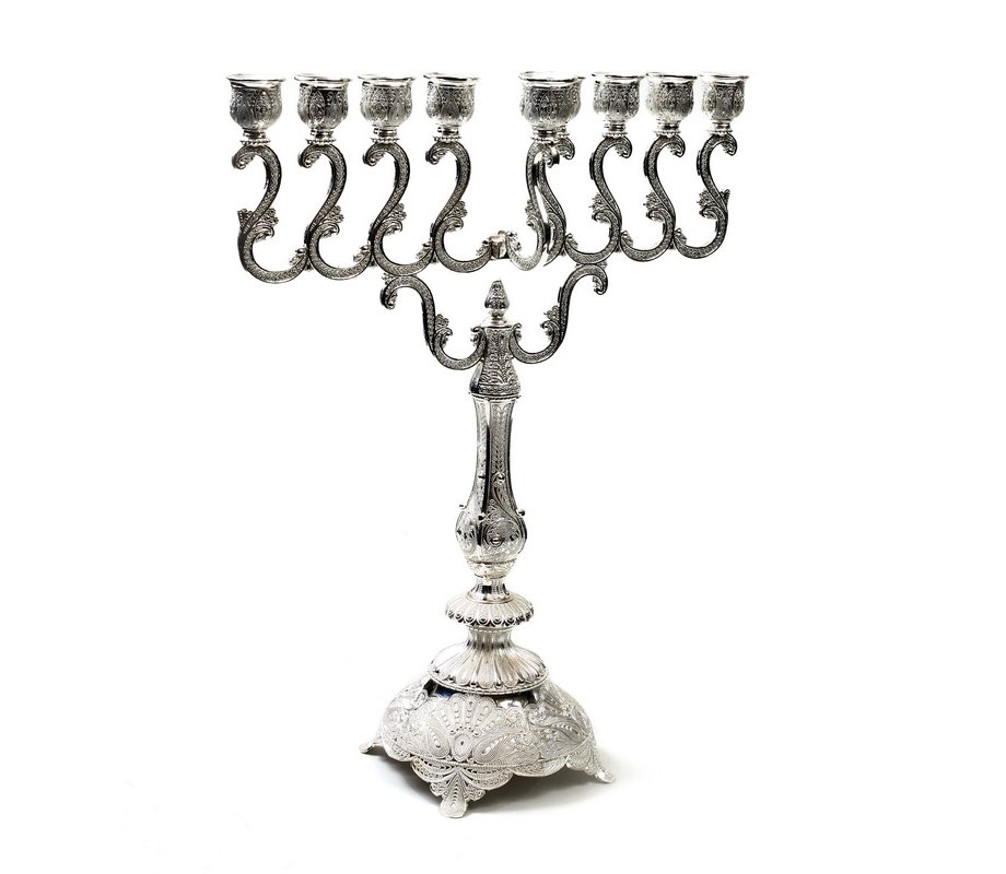 Tall Silver Metal Chanukah Menorah, Swirls – 16.1 Inches Height