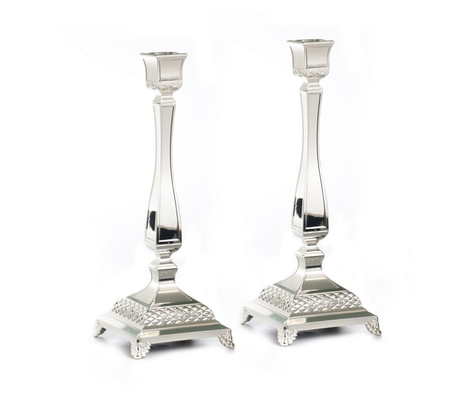 Tall Silver Plated Classic Square Candlesticks, Diamond Design - 14.1