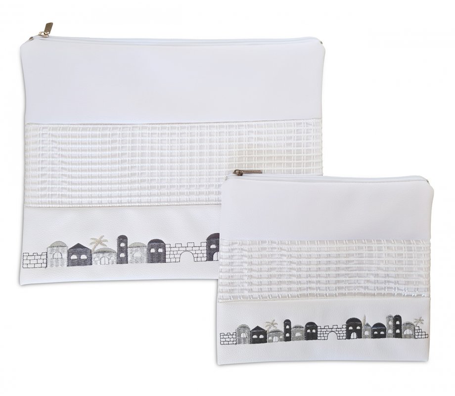 Tallit and Tefillin Bag, White Faux Leather – Silver and Gray Jerusalem Images
