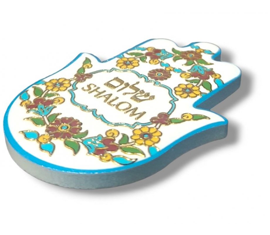 Textured Ceramic Hamsa Magnet, Shalom in Hebrew and English – Floral Frame