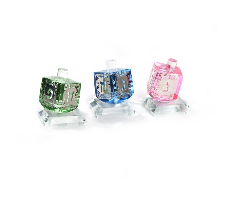 Three Colorful Crystal Glass No-Fall Dreidels on Base - Silver Sides