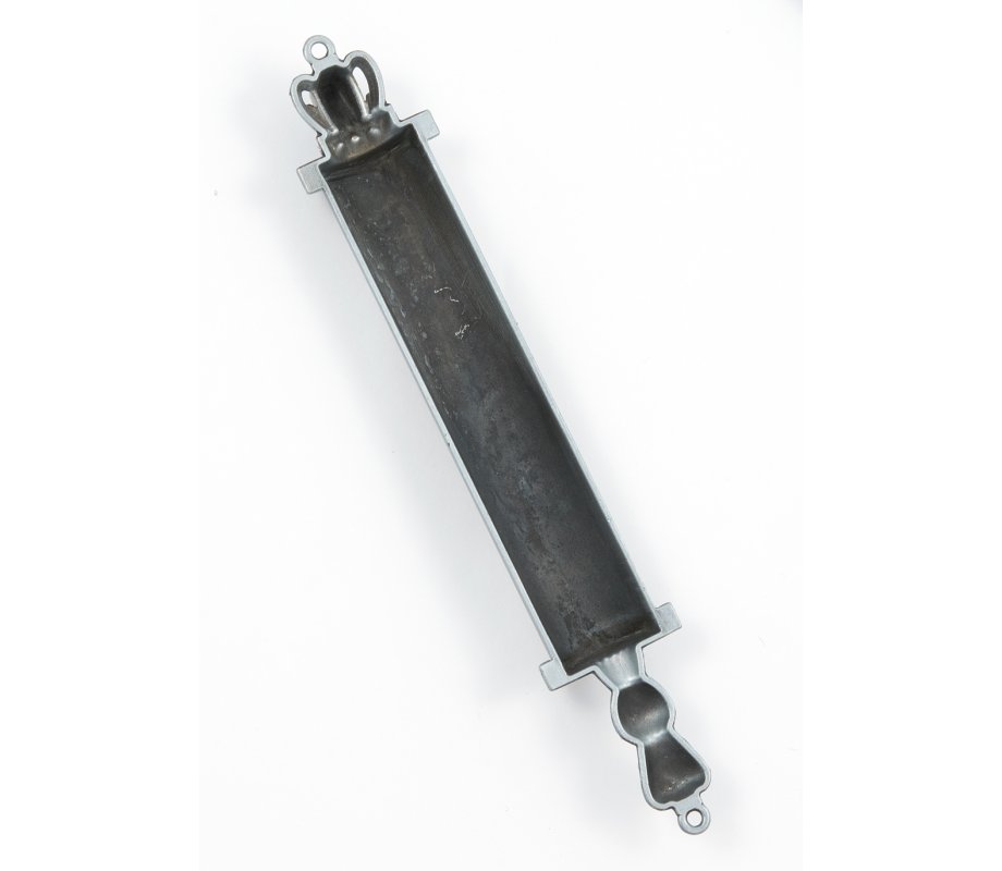 Torah Scroll Mezuzah Case, Crown Decoration and Tablet Depiction, Pewter - 5.7